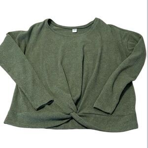Old Navy szS LS green ribbed twist front round neck banned hem top EUC